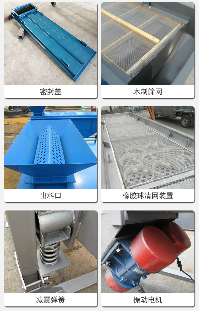直線篩分機(jī)的結(jié)構(gòu)展示圖：篩箱是物料主要篩分設(shè)備之一，篩網(wǎng)用于篩分物料，振動電機(jī)幫助篩網(wǎng)篩分。
