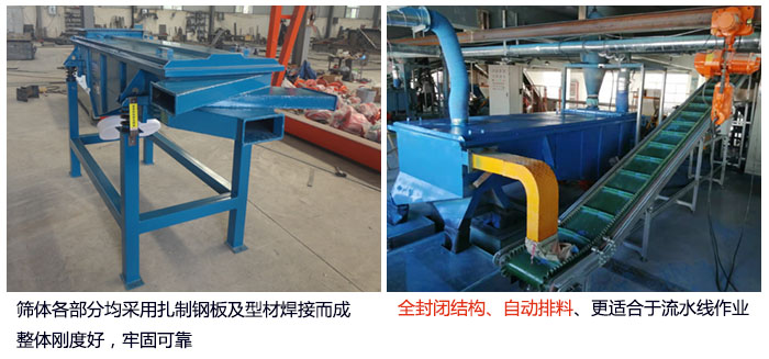 直線篩分機(jī)篩體各部分均采用扎制鋼板及型材焊接而成整體剛度好，牢固可靠；全封閉結(jié)構(gòu)、自動排料、更適合于流水線作業(yè)。