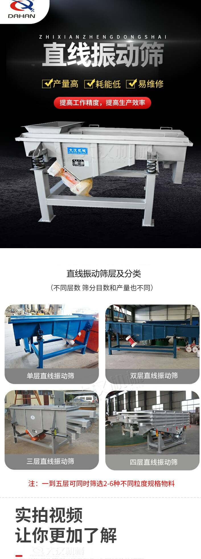 直線振動篩概述，產量高，耗能低，易維修，提高工作精度，提高生產效率，直線振動篩層級分類：不同層數，篩分目數和產量也不同：單層，雙層，三層，四層等。