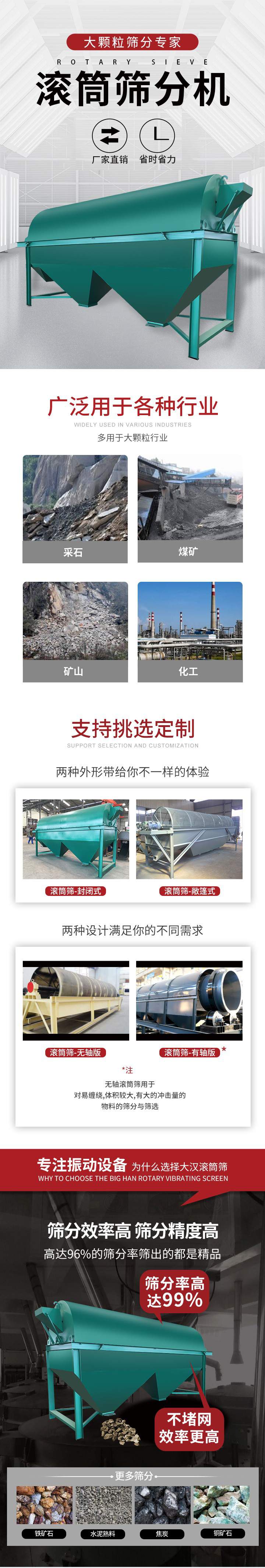 滾筒篩分機(jī)大顆粒篩分專家：廠家直銷，省時(shí)省力。滾筒篩被廣泛應(yīng)用各種行業(yè)：多用于大顆粒行業(yè)例如：采石，煤礦，礦山，化工等。滾筒篩定制類型有哪些：封閉式與敞篷式產(chǎn)品結(jié)構(gòu)分為：無軸式，有軸式兩種，無軸滾筒篩用于對(duì)纏繞，體積較大，有大的沖擊量的物料的篩分與篩選。滾筒篩篩分效率高篩分精度能夠達(dá)到：96%也比較適用于鐵礦石，水泥熟料，焦炭，銅礦石。滾筒篩特點(diǎn)：不飛粉末：密封隔離罩，密封性好，工作過程不會(huì)出現(xiàn)飛粉現(xiàn)象。外型尺寸是按筒體長(zhǎng)計(jì)