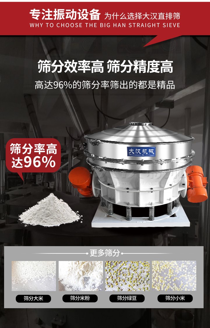 直排篩適用物料有面粉,淀粉,洗衣粉,金屬粉,添加劑,化工,非礦等行業。