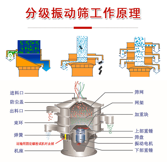 分級振動篩內部結構：進料口，防塵蓋，出料口，束環，彈簧，機座，篩網，網架，上部重錘，振動電機，下部重錘。